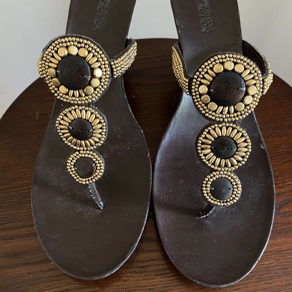 Kenneth Cole Reaction Black and Gold Sandals with Medallion Accents